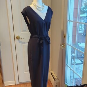 Club Monaco Dark Blue Crepe Jumpsuit With Tie And Pockets